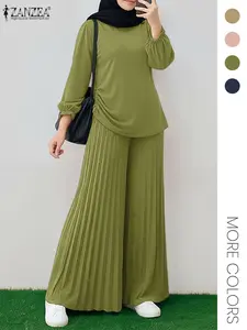 Muslim Commuter Street Fashion Long Sleeve Lantern Sleeves Pleated Wide Leg Pants Solid Color Set, Women's Clothing for Daily Wear