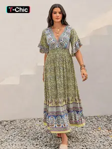 Women's V Neck Dress, Bohemian Print Dresses, Boho Fashion Casual Dress for Daily Holiday Vacation Wear, Ladies Dress for Summer