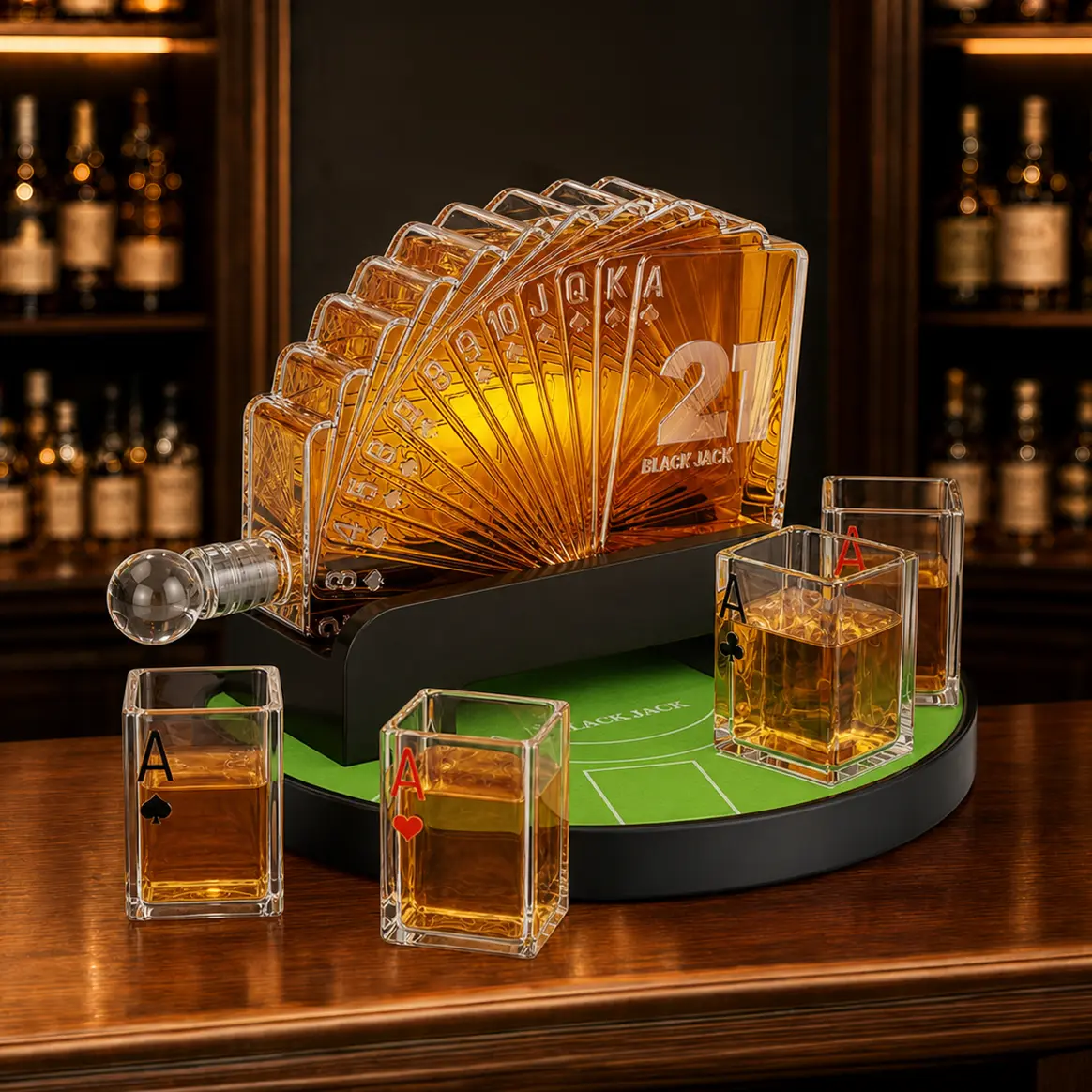 Man Cave Bar accessories,Kollea 37.2Oz Blackjack Whiskey Decanter Set,Casino Style Poker Stand & 4 Glasses,Luxury Gift Box,Crystal Clear Glass,No Alcohol Included,Christmas&Valentine&Birthday Gifts for Men,Dad,Boyfriend,Game Day Drinkware,sohochic sohochi