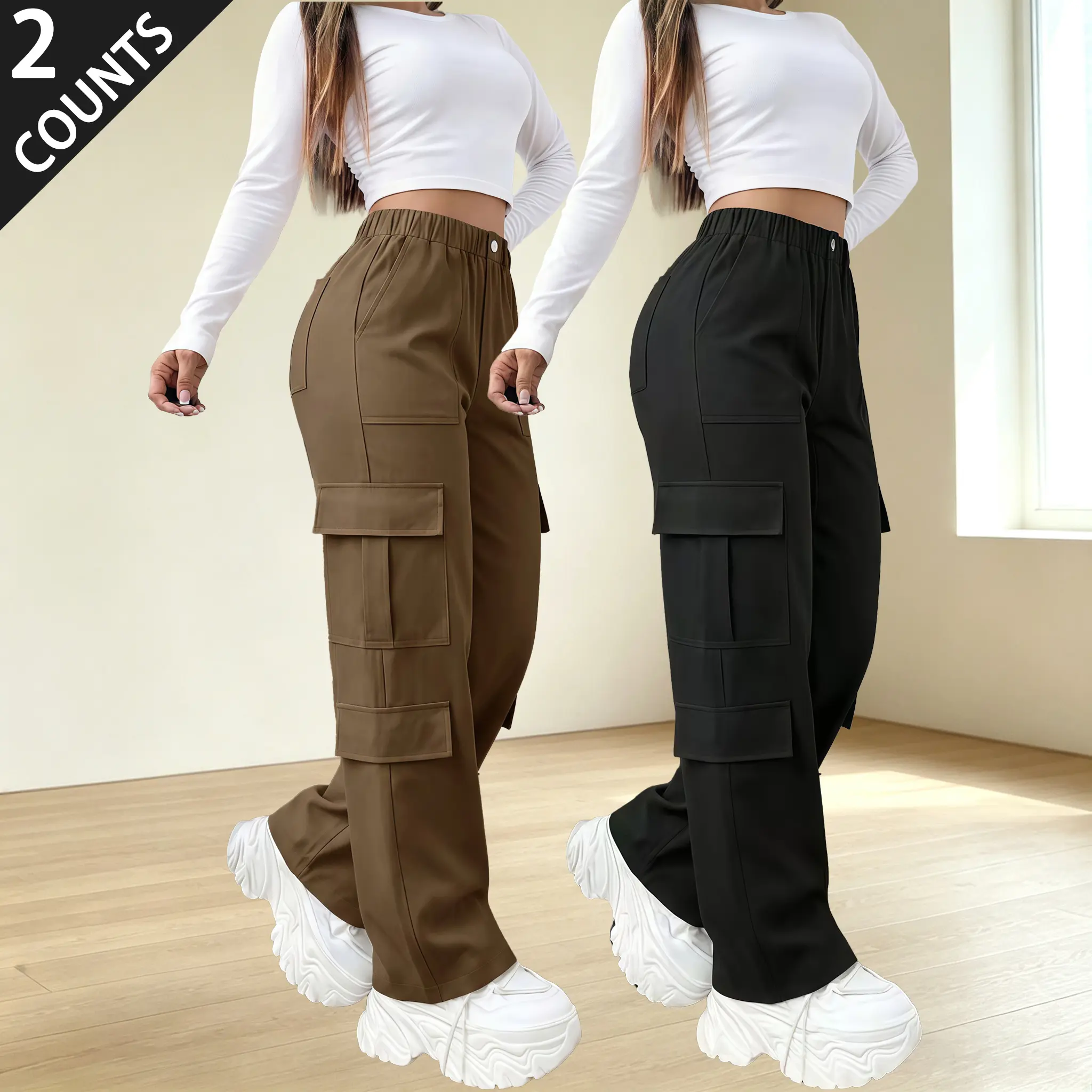 2-pack women’s cargo pants, casual basic long pants, slim fit, straight cut, elastic waistband, multi-pocket design, street casual style, everyday wear, solid color, all-season long pants summerwins