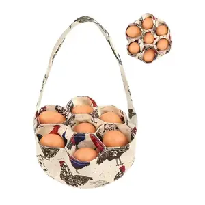 Country Fabric Egg Basket with Handle and 7 Pockets, Farmhouse Style Open Chicken Pattern, Suitable for Hens Ducks Geese, Garden Home Kitchen Storage Bag, Food Storage Organizer