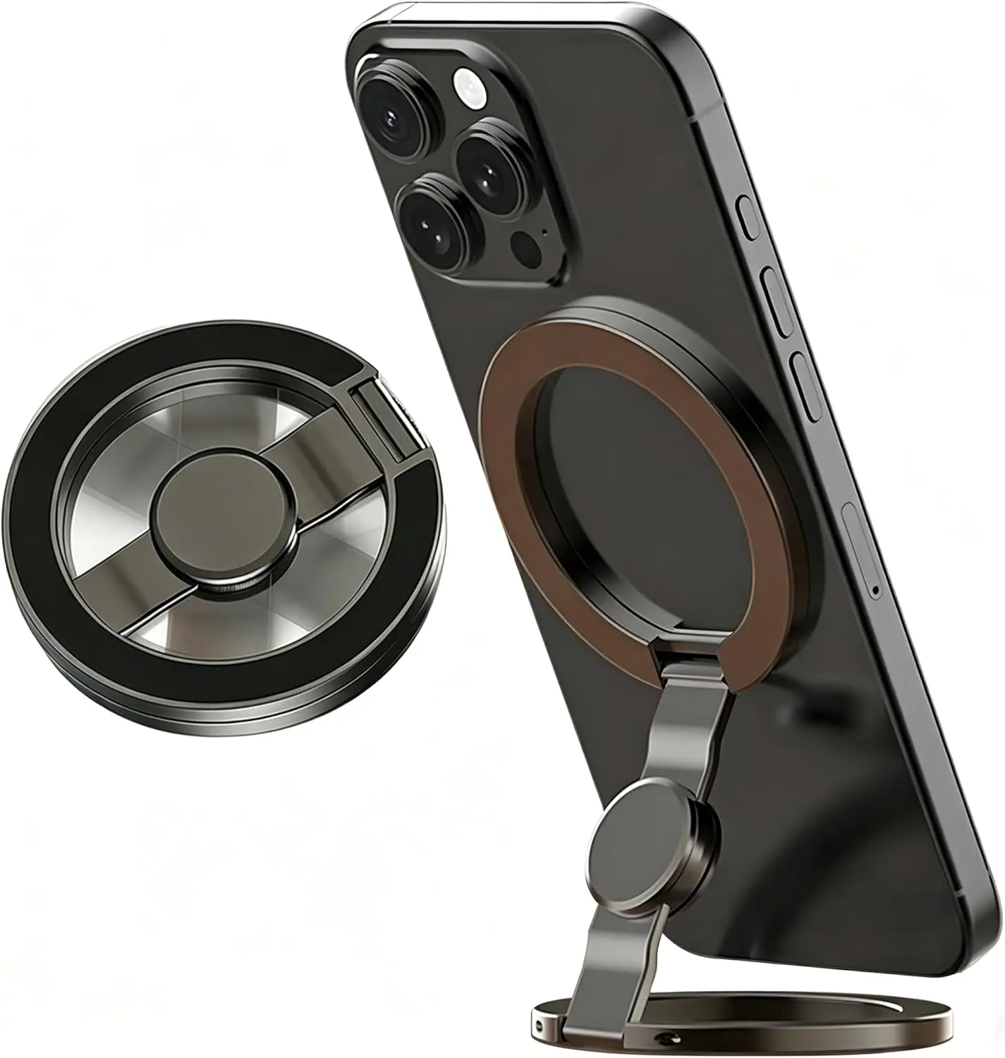 Aluminium 2026 Magnetic Phone Stand - Double-sided Magnetic Ring Holder, MagSafe-Compatible, Rotatable Gyroscope Stress Relief, Strong Adhesion, Fits iPhone 11-17, Ideal for Fitness, Home Use