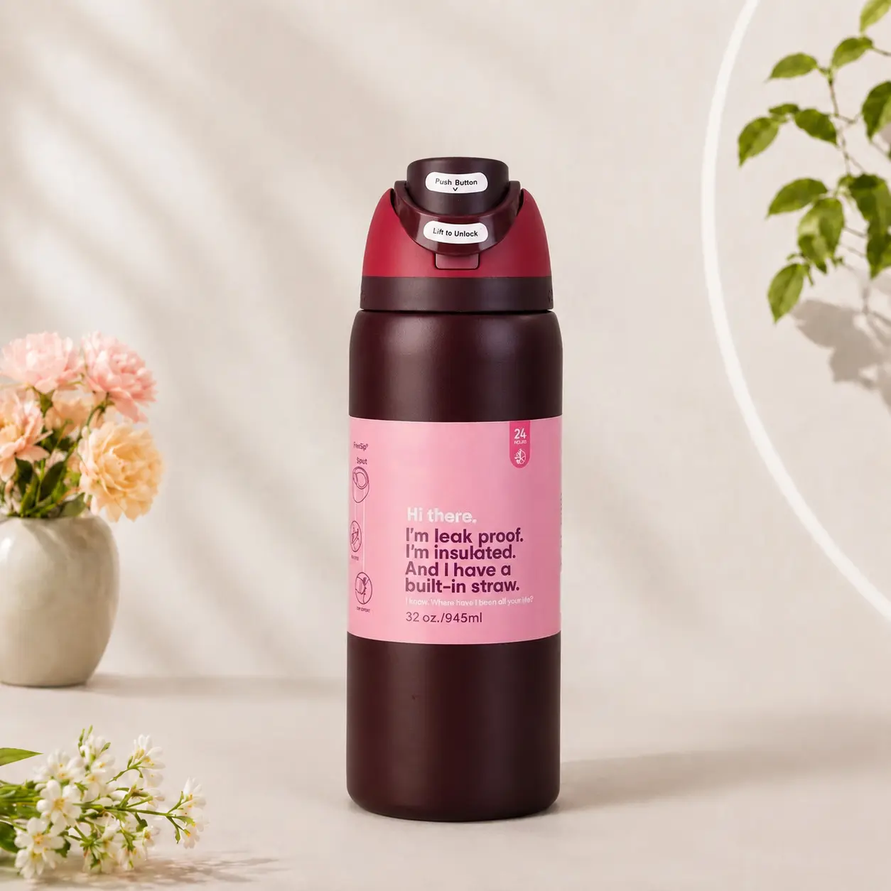 0wala Insulated Stainless Steel Water Bottle with Straw for Sports and Travel, BPA-Free, Black Cherry