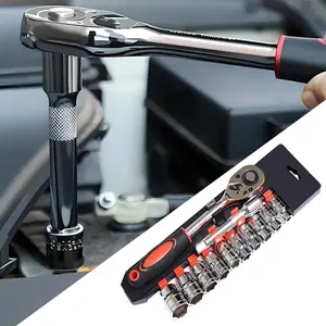 12pcs 1/4 Inch Mini Ratchet Socket Wrench Set, Drive Socket Set with 10 Sockets (4-13mm) and 2 Way Quick Released Ratchet Handle and Extension Bar