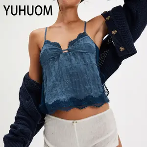 Women Summer Crop Cami, Lace Patchwork V-Neck Spaghetti Strap Tank Top, Soft Breathable Loose Fit, Casual Daily & OOTD