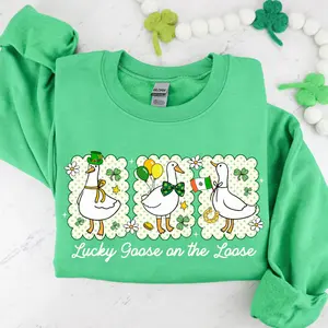 Lucky Goose St Patricks Sweatshirt, Funny St Patrick Goose Sweatshirt, Coquette Clover Sublimation, Preppy Shamrock Sweatshirt, Irish Sweatshirt - LORA ATCHER