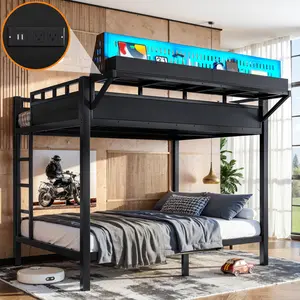 Full over Full Size Metal Bunk Bed with Storage Shelves and Pegboard, Bunk Bed Frame with USB Ports and LED Lights, Space-Saving, for Teens and Adults, Black