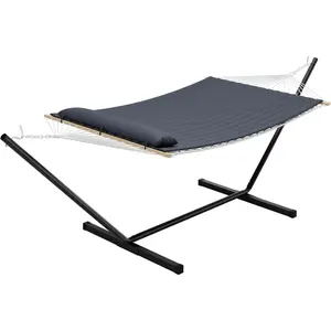 2 Person Portable Double Hammock with Stand, Outdoor Quilted Polyester Padded Hammock with Pillow, Adjustable Steel Hammock Stand for Patio, Garden, Beach, Backyard, Camping