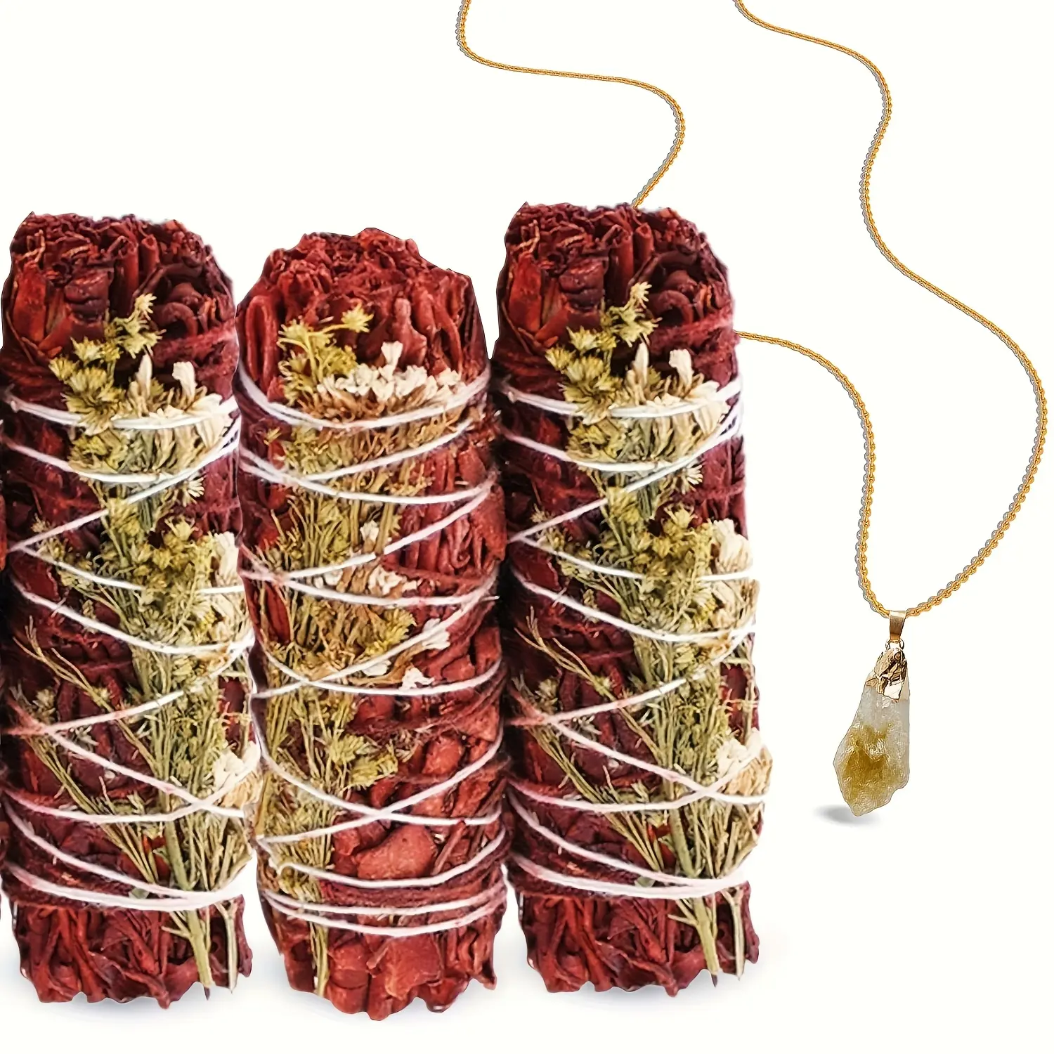 3 Pack Dragon's Blood Sage Smudge Sticks (4 Inch) with Citrine Pendant & Natural Gemstones, Sage Incense Set for Home Cleansing, Yoga, Meditation & Spiritual Gifts