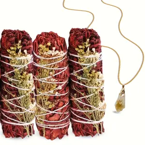 3 Pack Dragon's Blood Sage Smudge Sticks (4 Inch) with Citrine Pendant & Natural Gemstones, Sage Incense Set for Home Cleansing, Yoga, Meditation & Spiritual Gifts