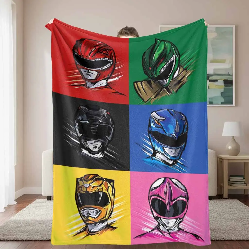 Colorful Helmet Heroes Flannel Blanket Retro Super Squad Mask Print Soft Warm Lightweight Cozy Throw for Sofa Bed Dorm Movie Night Game Room Birthday Gift