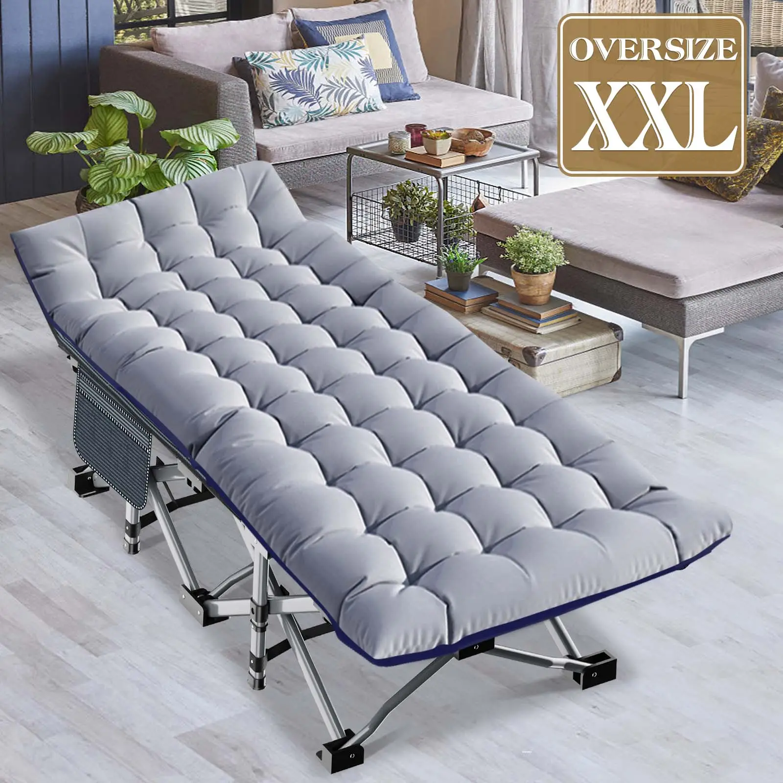 Lilypelle Oversized XXL Folding Camping Cot, 75" L x 28" W x 14"H / 78" L x 32" W x 18"H Heavy Duty Sleeping Cots w/Carry Bag, Up to 990LBS, Druable T