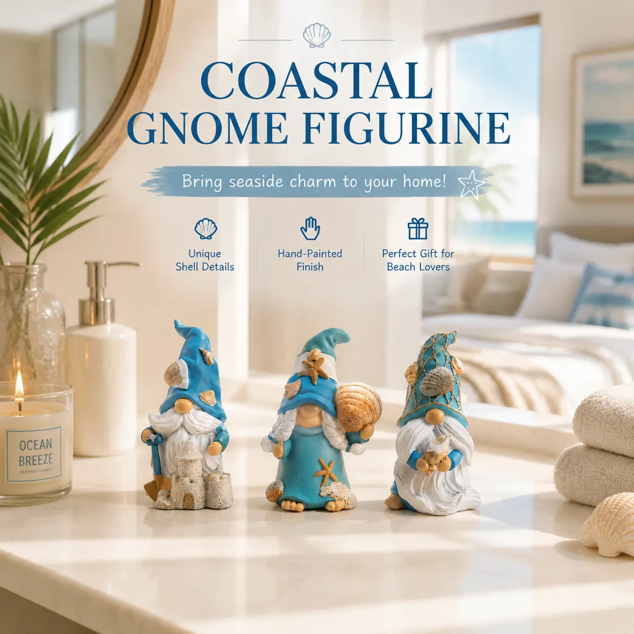 HODAO 2026 Summer Coastal Handmade Artificial Resin Decorative Gnome Figurines - Beach Element Statue, 4th of July Home Decor, Desk Ornament, Garden Accent, Gift