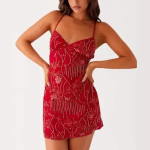 Summer New Personalized Embroidery Beaded Back Lace-up dress casual Formal Womenswear snatched gown floral comfortable travel vintage cami dainty collar short woman plus size day teacher elegant backless flower blue peppermayo aqua bbs morning grey sleeve