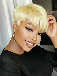 Short Straight Wig Human Hair Wigs Blonde 613 Colored Pixie Cut Human Hair Wigs  For Women Full Machine Made