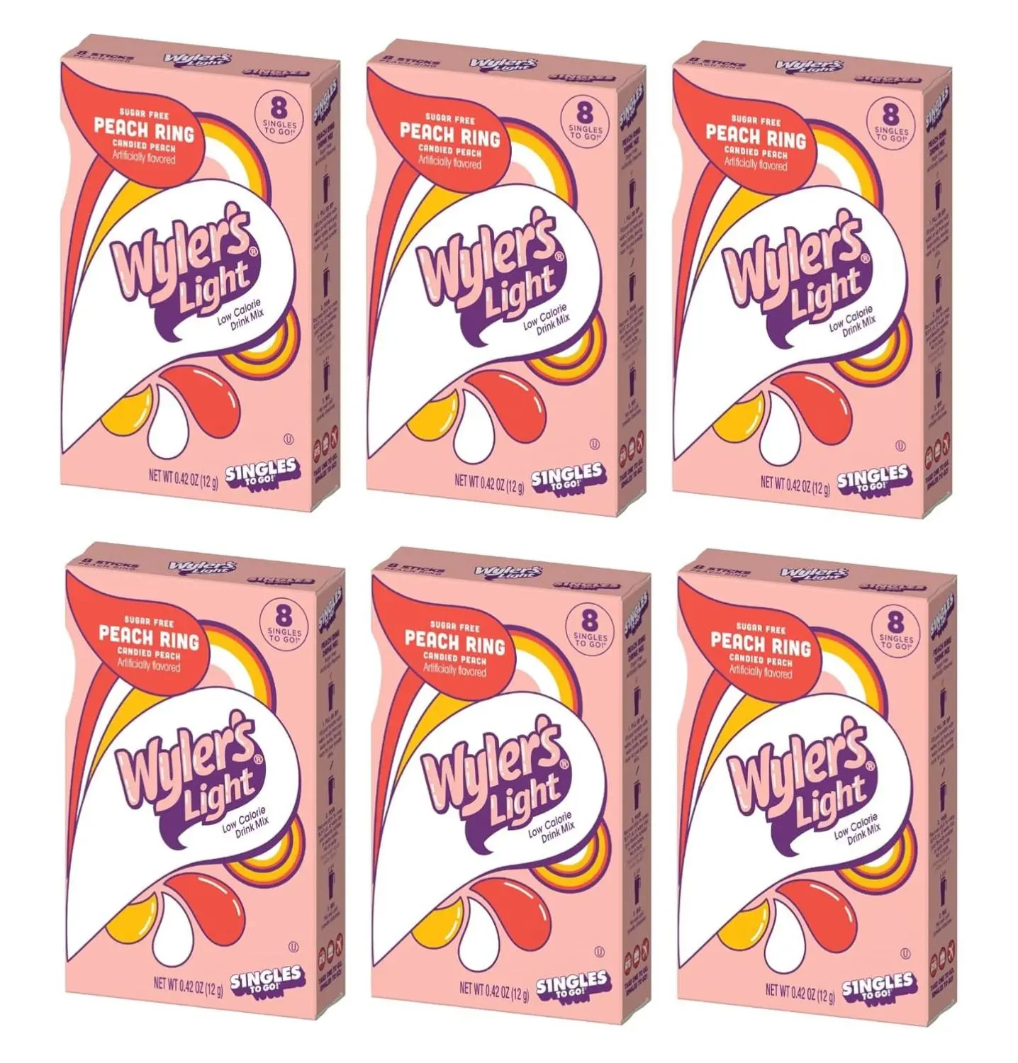 SINGLES TO GO! Wyler's Light Peach Ring Flavor, Trend Inspired Flavor, Low Calorie Drink Mix, Perfect for Taking on the Go with 6 Per Box and 36 Total Servings (Pack of 6) Sweet Beverage