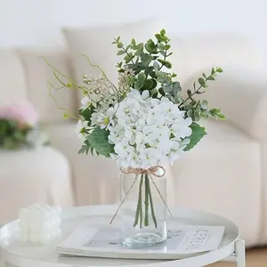 LADADA White Artificial Hydrangea Bouquet with Glass Vase - 15.7" Faux Hydrangea & Eucalyptus Arrangement, Fake Flowers in Vase for Table Centerpiece, Bathroom, Kitchen & Farmhouse Home Decor