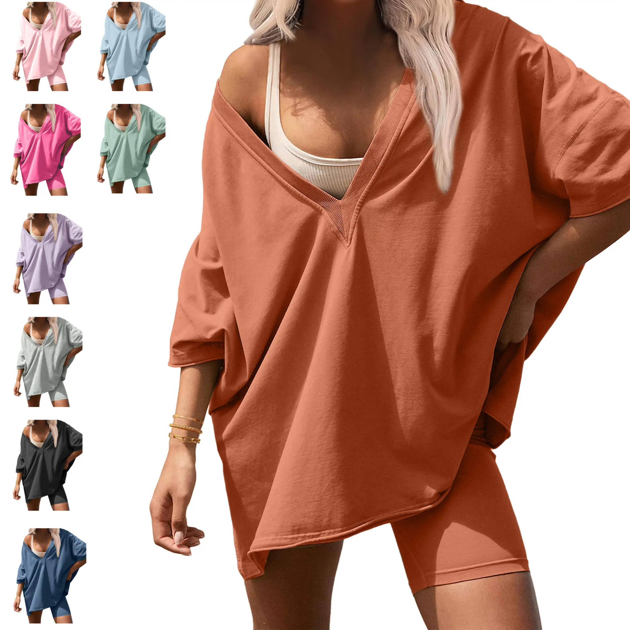 JOVENPARA Women's Loose 2-Piece Matching Set - Baggy V-Neck Oversized T Shirts & Reversible Biker Shorts, Workout Sets for Women for Gym, Outdoors, Casual, 2 Piece Sets