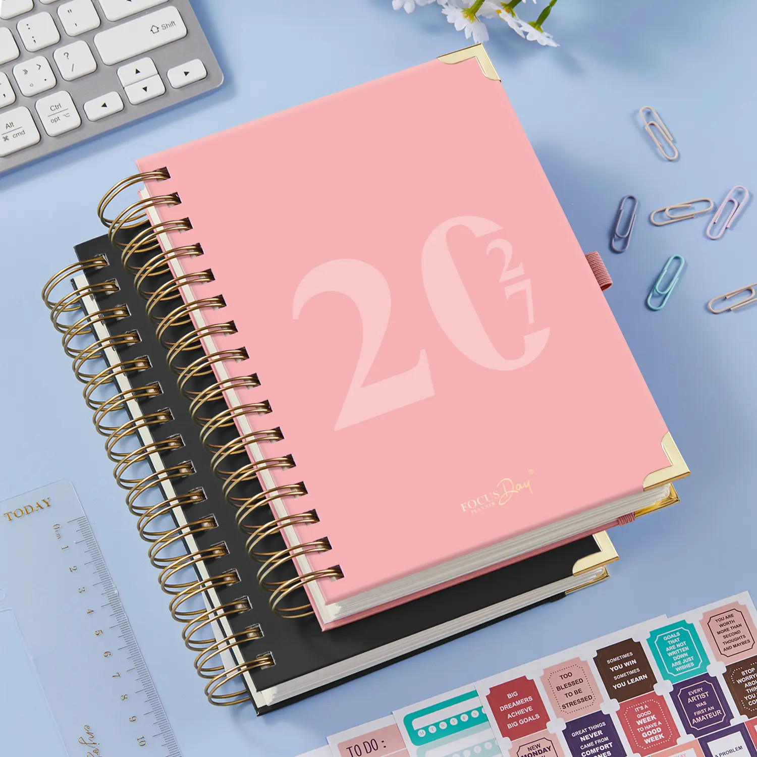 FOCUS DAY 2027 Planner, Jan 2027 - Dec 2027 Daily and Monthly Planner/Calendar for Women/Men, with Hourly Schedule, 12 Monthly Tabs, 4 Stickers & Ruler, Spiral Agenda Book for Organizing & Planning, 6.5" X 8.4"