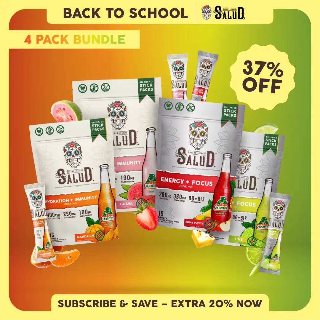 Salud x Jarritos 2-in-1 [Daily Wellness All-In-One] Agua Fresca Drink Mix Variety Pack, Energy + Focus & Hydration + Immunity, Organic Caffeine, Electrolytes, Elderberry, Non-GMO, Vegan (4-Pack, 60 Servings)