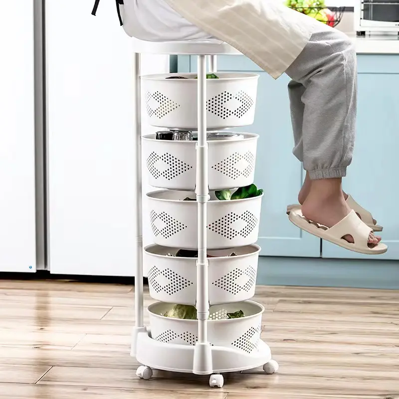 4-Layer PP + Steel Kitchen Storage Rack - 92cm, 50kg (above 25kg) Capacity, 180° Rotatable Round Baskets, Adjustable Organizer, Lockable Casters, Space-Saving Cart, Living Room Standing Storage Solution, Above 25 Kg
