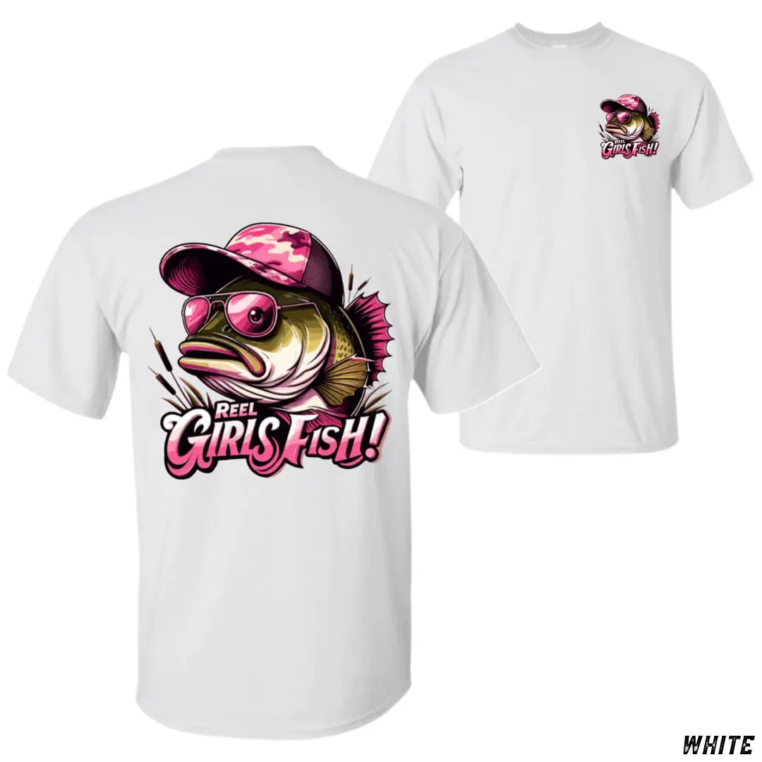 Reel Girls Fish T-Shirt, Cartoon Bass in Pink Camo Graphic Tee, Soft Cotton Shirt for Women, Fun Outdoorsy Fishing Apparel, Great Gift for Angler Girls & Ladies