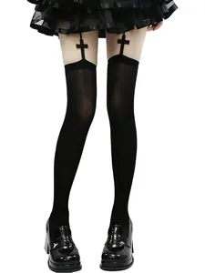 Suspender Tights for Women Y2K Thigh High Stockings Gothic Cross Suspender Pantyhose Lingerie