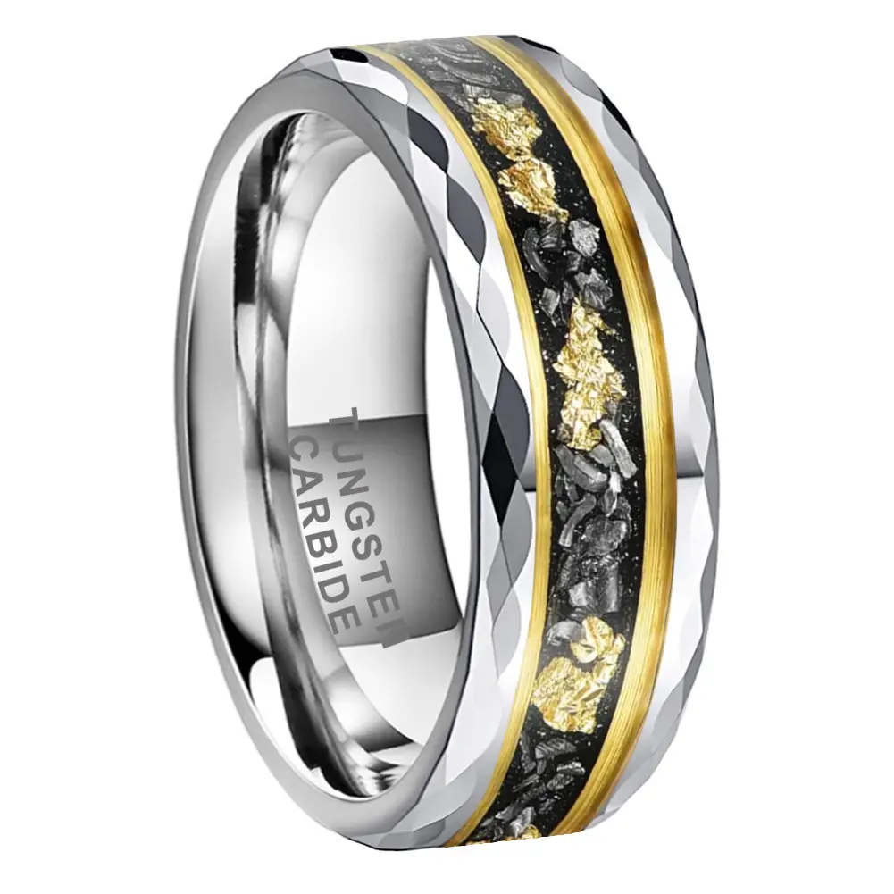 Yonifu 8mm Tungsten Carbide Ring - Meteorite, Gold Foil & Galaxy Opal Inlay, Faceted Band, Luxury Scratchproof Comfort Fit Metal Ring for Men - Christmas Daily Wear, Meaningful Couple Gift Idea, Meaningful Gifts, Tungsten Carbide Rings