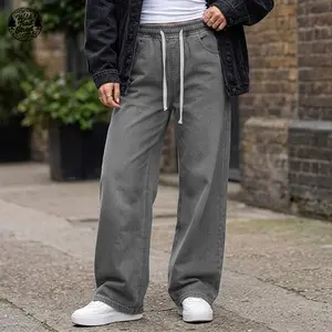 Women’s gray wide-leg jeans with drawstring elastic waist — soft, washed, relaxed casual long pants suitable for everyday commuting and outdoor walks