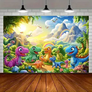 1PC,2D Flat Cartoon Dinosaur Theme Backdrop, Jurassic Forest Rainbow Dinosaur Party Decor Cloth, Kids Birthday Photo Background, Bedroom Room Decoration Tapestry, Ideal for Children's Party, Photo