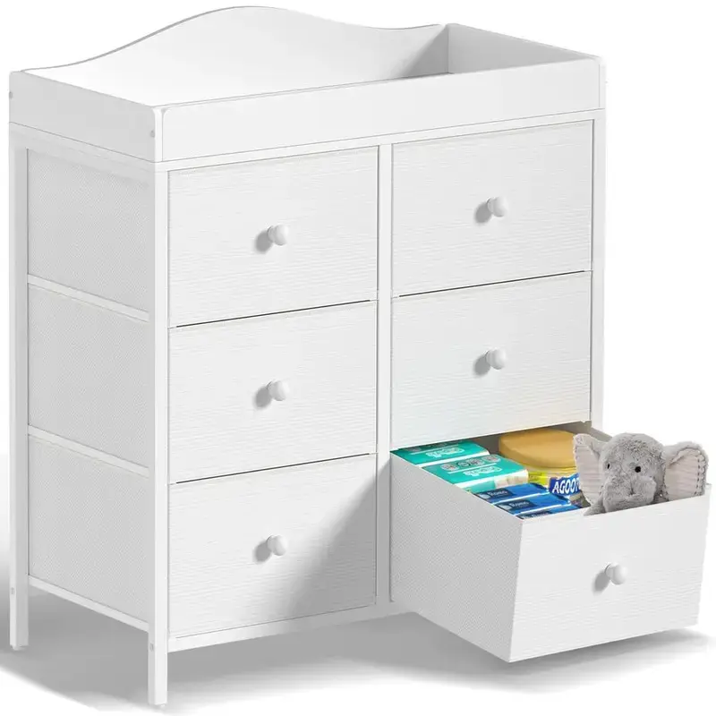 Modern Convertible Changing Table Dresser - Nursery Diaper Station with 6 Fabric Drawers, Removable Top, Converts to 3-6Y Kids Desk, No, US, Male
