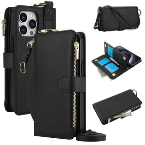 Multifunctional Zipper Wallet Design Phone Case Cover with Card Slot, Fashion Phone Case with Wrist Strap & Card Slot, Phone Accessories for iPhone, Protector