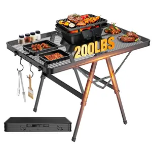 Foldable Grill Table with Mesh Desktop, 200lbs 3Ft Portable Folding Table, Height Adjustable Metal Table for Ourdoor, Camping, Picnic, BBQ and Beach, RV, 35.4" L x 23.6" W