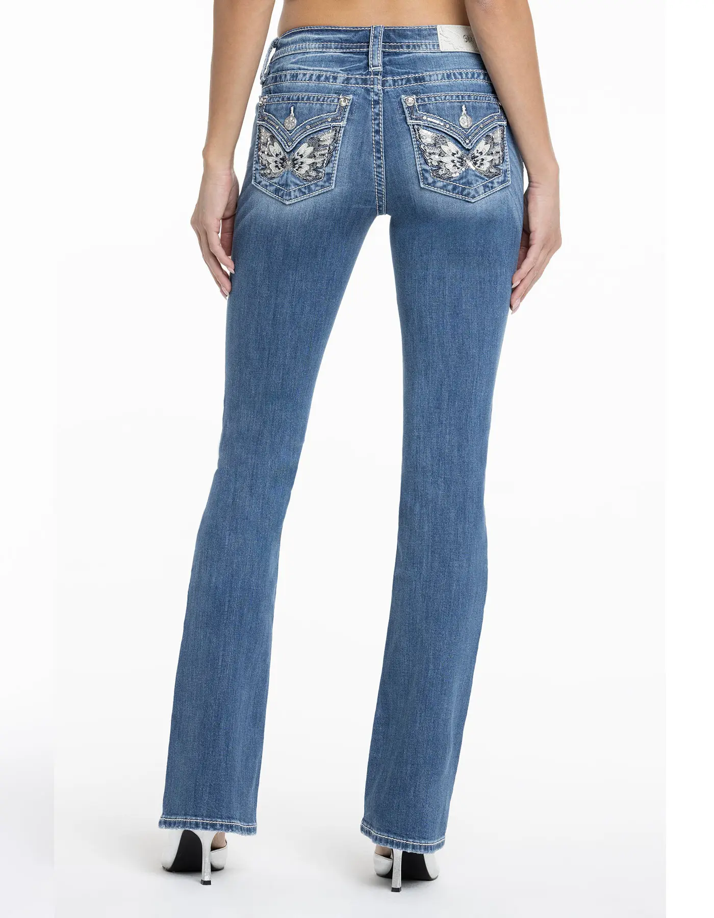 Miss Me Women’s Mid-Rise Bootcut Jeans - Washed Denim - Azteca Sequin Faux Flap Pockets - Y2K-Vintage Women's Jeans - Wear All Seasons
