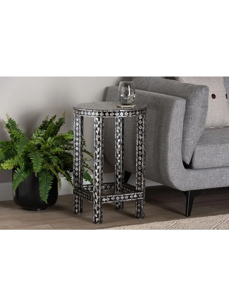 Bali & Pari 193271445561 Elara Coastal End Table, Mother of Pearl Capiz Shell Mosaic, Black & White Indoor Furniture, Coastal End Tables