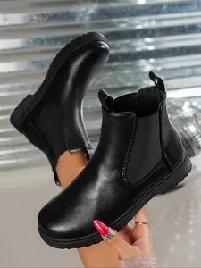 Women's PU Leather Chelsea Pull On Boots, Comfortable Elastic Ankle Short Booties, Soft Sole, Perfect for Fall & Winter Casual Wear