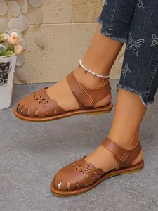 Boho Hollow Out Sandals, Anklet Flat Women's Shoes, Ditsy Floral Pattern, PU Leather Upper, PVC Sole, Casual Style, Beach Daily Wear
