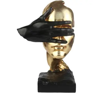 Silence Abstract Face Sculpture - 12" Gold & Black Resin Mask Statue with Hand Covering Eye, Modern Art Bust Figurine for Office Desk, Living Room & Bookshelf Decor