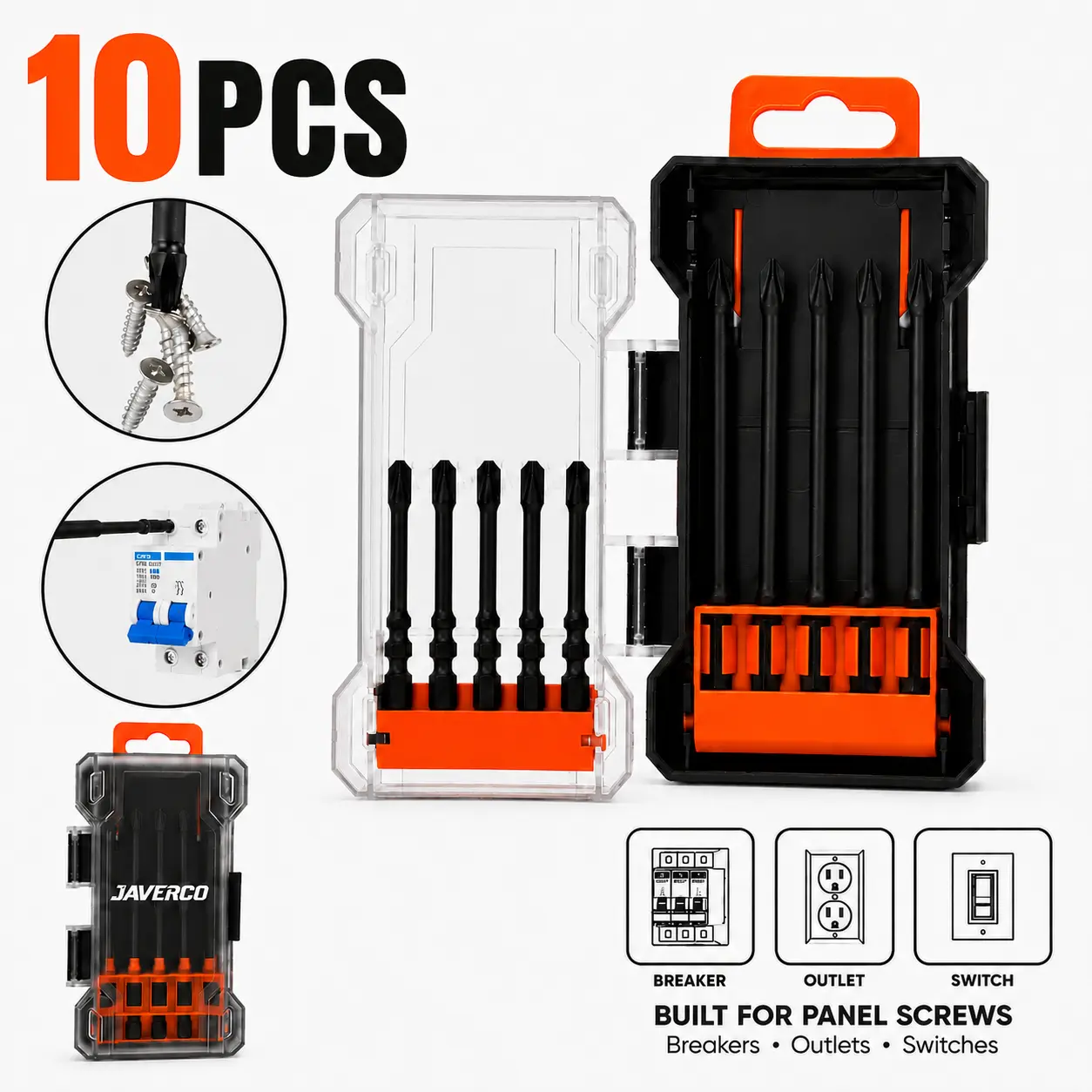 JAVERCO FPH2 Magnetic Impact Screwdriver Bit Set for Electricians, 10Pcs S2 Steel 65mm & 110mm, 1/4 Inch Hex Shank Cross Slot Screw Driver Drill Bits Used on Circuit Breakers,Outlets & Panel Wiring