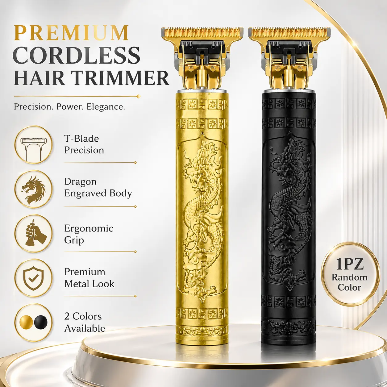 Cordless Hair Trimmer for Men, T-Blade Precision Beard & Hair Clipper with Dragon Engraved Body, 4 Guide Combs, USB Charging Cable & Cleaning Brush, 15 cm Grooming Kit for Haircuts, Beard Trimming & Edge Detailing, Gold or Black, 1PC Random Color