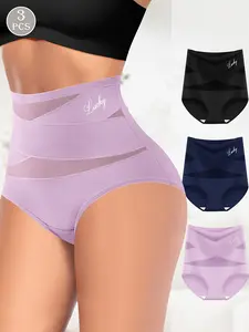 3-Pack High-Waisted Seamless Underwear, Breathable Mesh Yoga Briefs, Slimming Control Top, Casual All-Season Wear, Comfortable Sleepwear, Breathable Panty, High Waisted Knicker