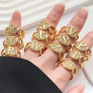 Gold Initial Ring – Micro Pave Cubic Zirconia 26 Letters Alphabet Ring, Elegant Women’s Statement Band