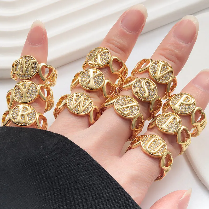 Gold Initial Ring – Micro Pave Cubic Zirconia 26 Letters Alphabet Ring, Elegant Women’s Statement Band