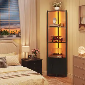 Corner Shelf with Storage, LED Lights 6-Tier Corner Bookshelf, 66'' Organizer Book Shelf Shelves Steel Frame Display Stand with Living Room, Bedroom, Study, Black