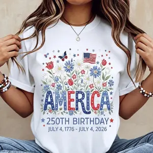 Floral America 250th Birthday July 4 1776 July 4 2026 Print T Shirt White Casual Loose Fit Top For Everyday Wear And Outdoor Activities