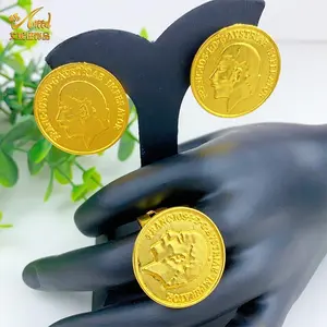 New Ethiopian 24k Gold Color Coin Charm Stud Earrings And Ring Sets for Girls Women Indian Party Dubai Ear Rings Jewelry Gifts