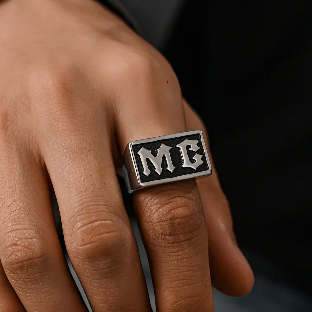Men's 1-Pc Stainless Steel Biker Statement Signet Ring - Punk Chunky Style, Engraved MC English Letter Jewelry, Motorcycle Costume Accessory, Statement Signet Rings