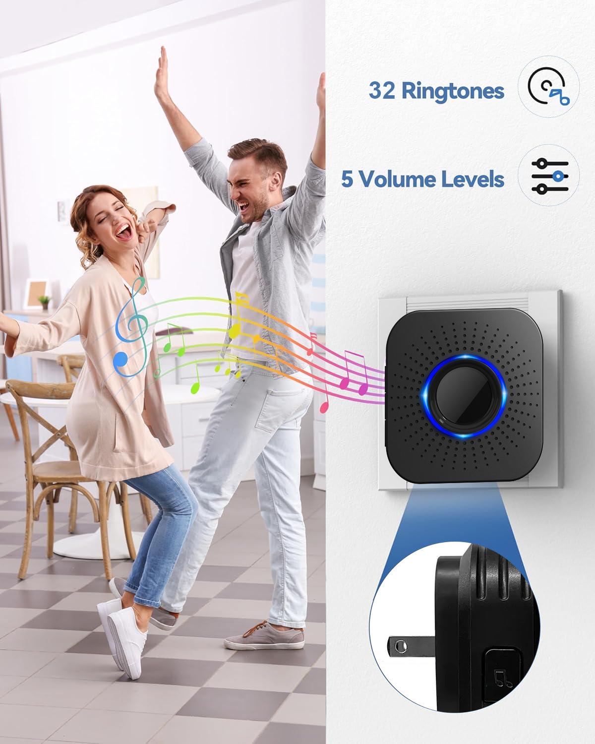 【2 Packs】Wireless Door bell, Mini Doorbell IP55 Waterproof, 1,000ft Range 110dB Mute Mode 32 Door Chime,high-volume of 5 Volume Adjustment levels,Colorful LED Flashing and Silent Function, Safety for Home Office Teachers & Hearing-Impaired.