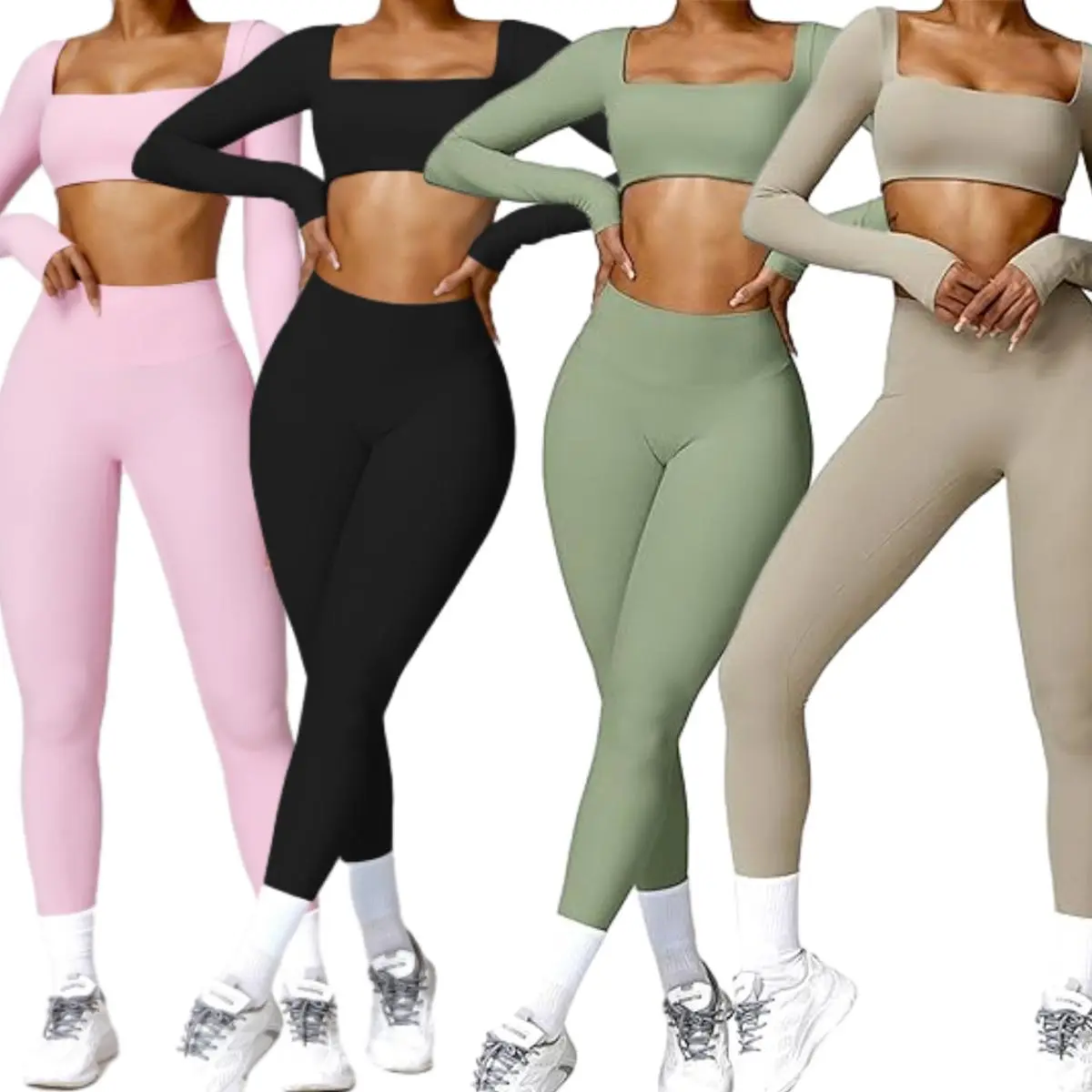 Women 2 Piece Activewear Set, Solid Square Neck Crop Top & High Waist Leggings Tracksuit, Breathable Stretch Lightweight All-Season Athletic Outfit for Gym Fitness Workout Training