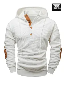 Men's Large Size Solid Color Patchwork Detail Hoodie, Long Sleeve Front Button Hooded Sweatshirt, Casual Fitted Fall & Winter Wear